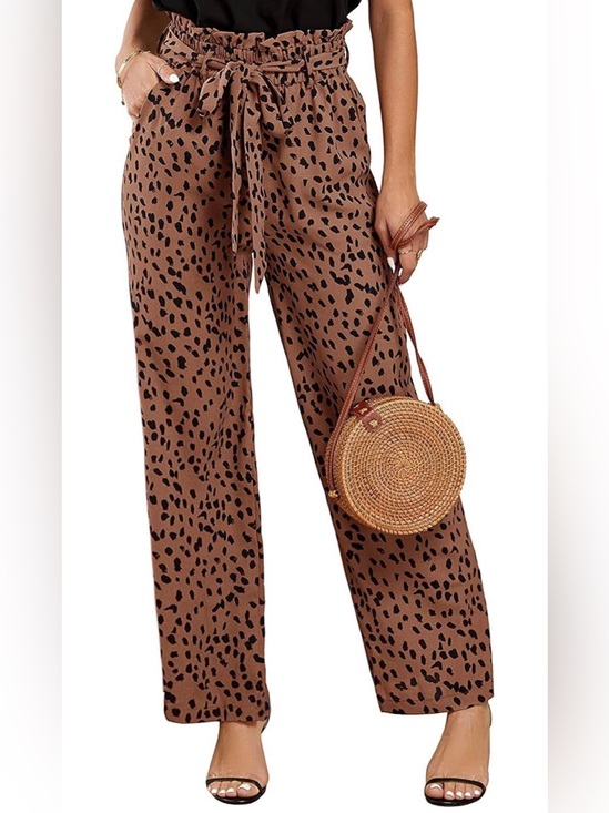 Pants - Wide Leg Paperbag Tie-Waist Pants - Brown Leopard